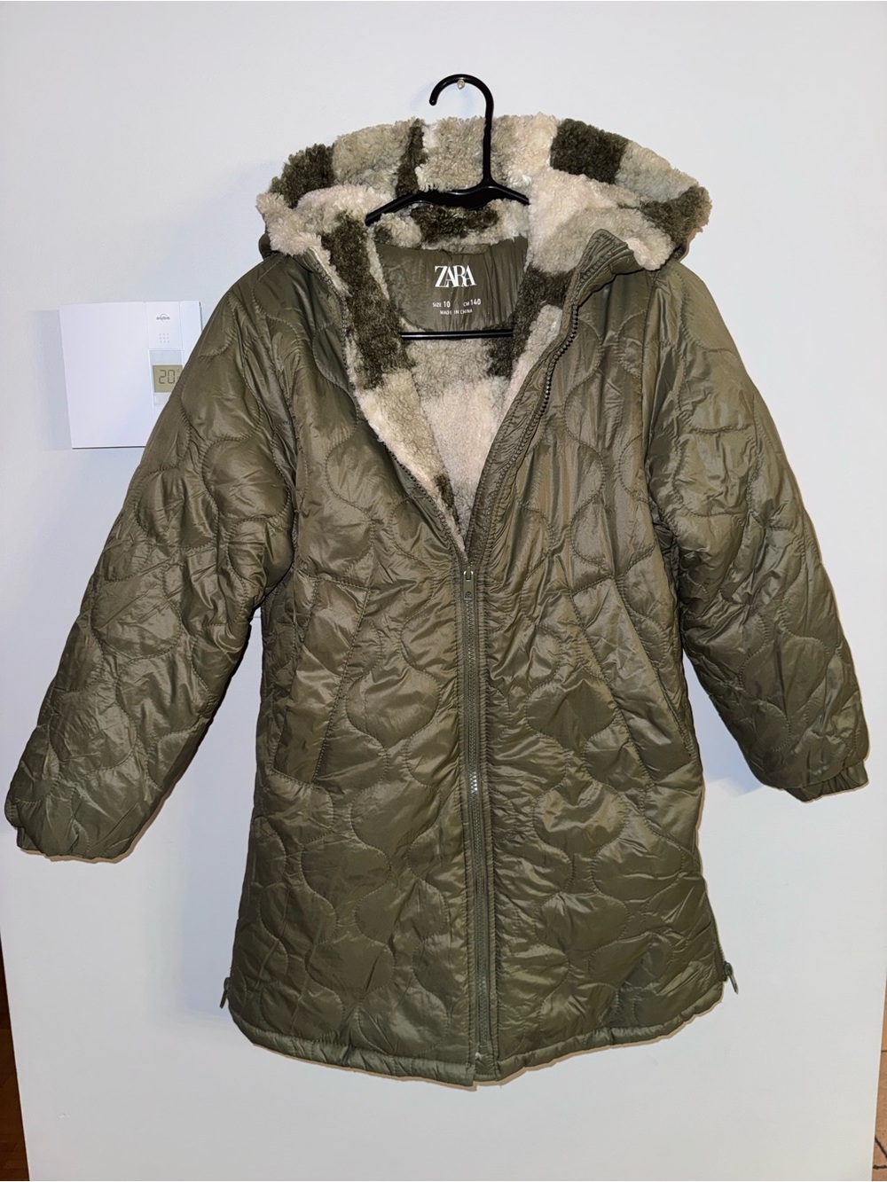 Zara Olive Green Quilted Hooded Coat with Sherpa  Lining